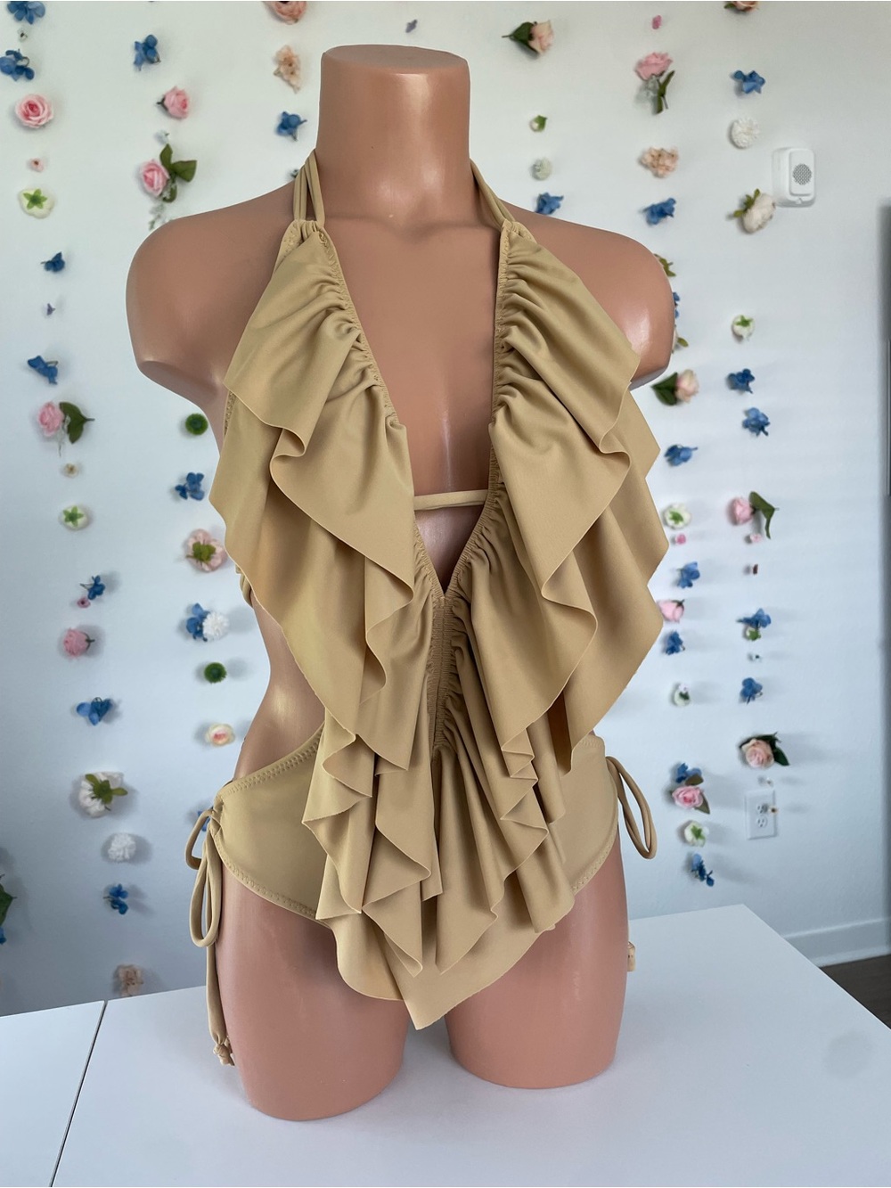 Ruffled Halter One-Piece Swimsuit - Beige